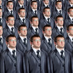 Group of similar looking men, standing in formation