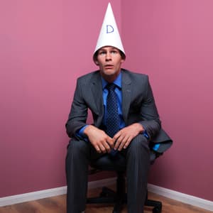 Business man wearing a dunce hat