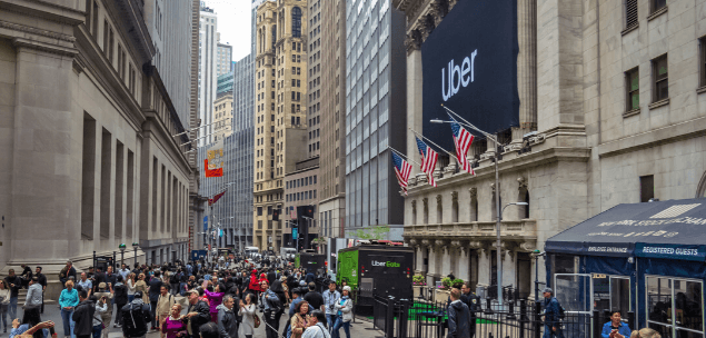 May 10, 2019: A large banner with the Uber logo hanging on the New York Stock Exchange on the day of the initial IPO in lower Manhattan. Should small businesses go public?