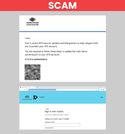 Scam email and myGov sign in web page.