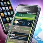 Samsung smartphone with world globe backdrop