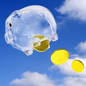 Piggy bank flying through the sky, dropping coins