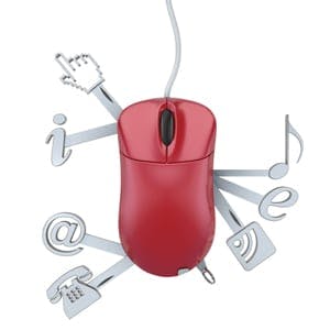 Red mouse with technology icons sticking out of it