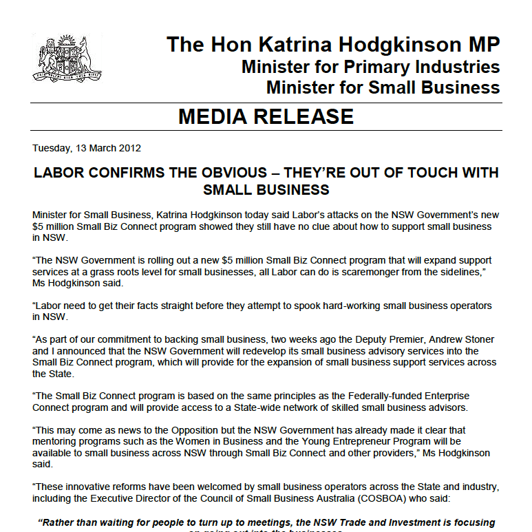 Small Business Minister press release - screenshot