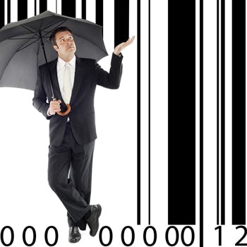 Man standing under barcode
