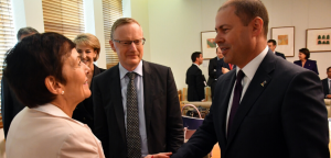 Australian Small Business and Family Enterprise Ombudsman Kate Carnell, Reserve Bank of Australia Governor Philip Lowe and Treasurer Josh Frydenberg at a Business Growth Fund Roundtable
