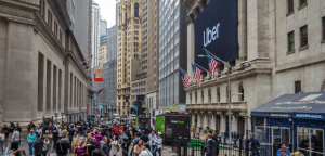 May 10, 2019: A large banner with the Uber logo hanging on the New York Stock Exchange on the day of the initial IPO in lower Manhattan. Should small businesses go public?