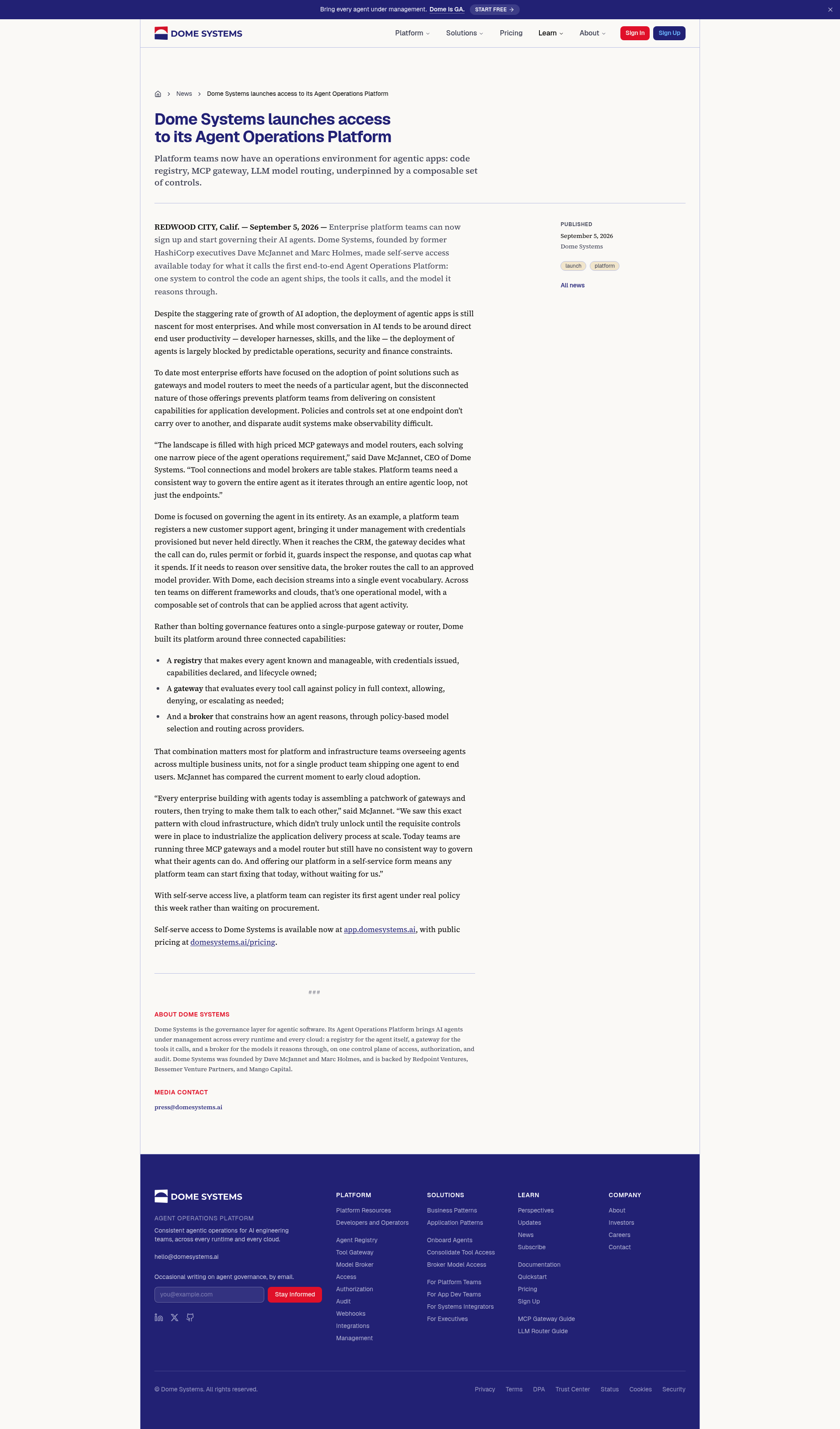 Dome Systems Agent Governance and Control