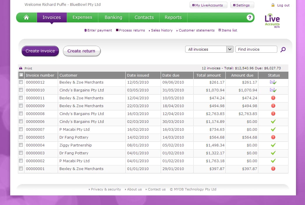 MYOB LiveAccounts Invoice