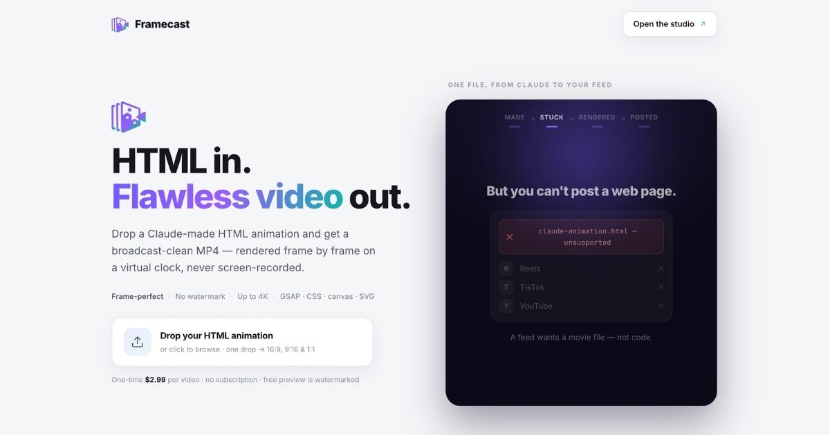 Framecast: Convert HTML Animations to Videos